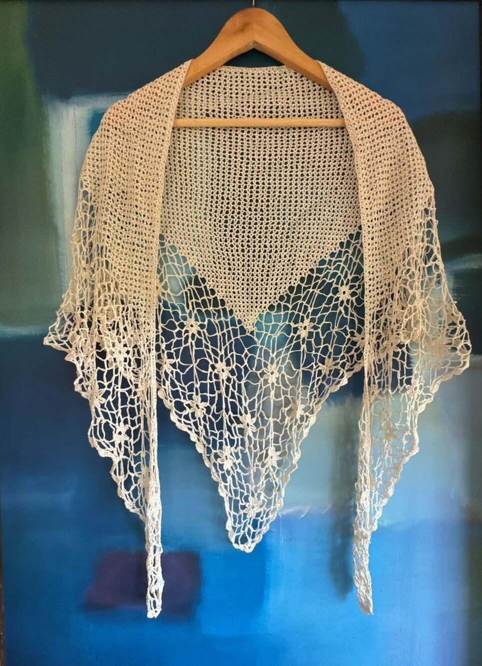 Handcrafted Crochet Lace Triangle Shawl Ivory Wedding Wrap Waist Wrap